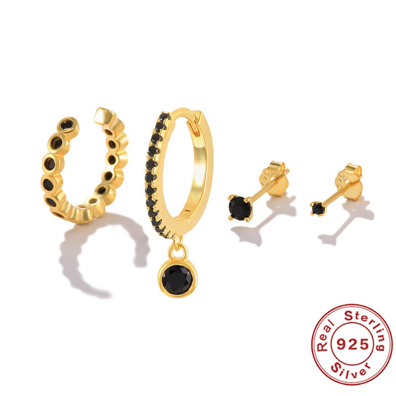 CANNER – ensemble de boucles d&#39;oreilles Vintage en Zircon noir pour femmes, Huggies, flocon de neige, étoile, en argent véritable 925, bijoux pendants: 5