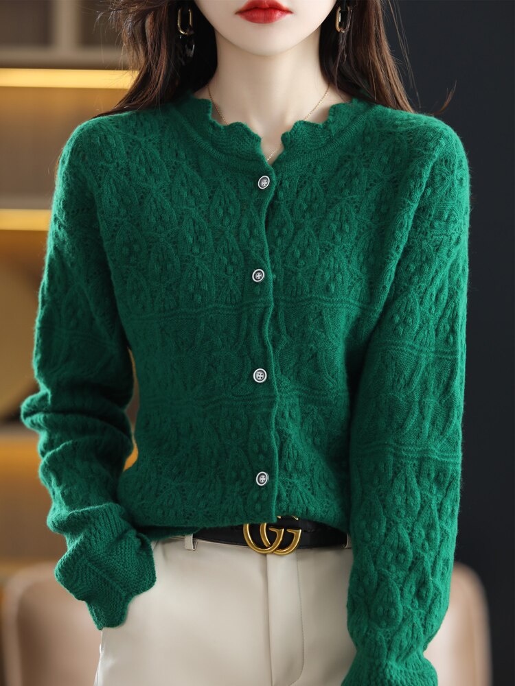 Suéter verde de lana pura para mujer, Rebeca de punto hueco, Top de Cachemira, ropa francesa de , primavera y otoño, novedad: Verde / XXL