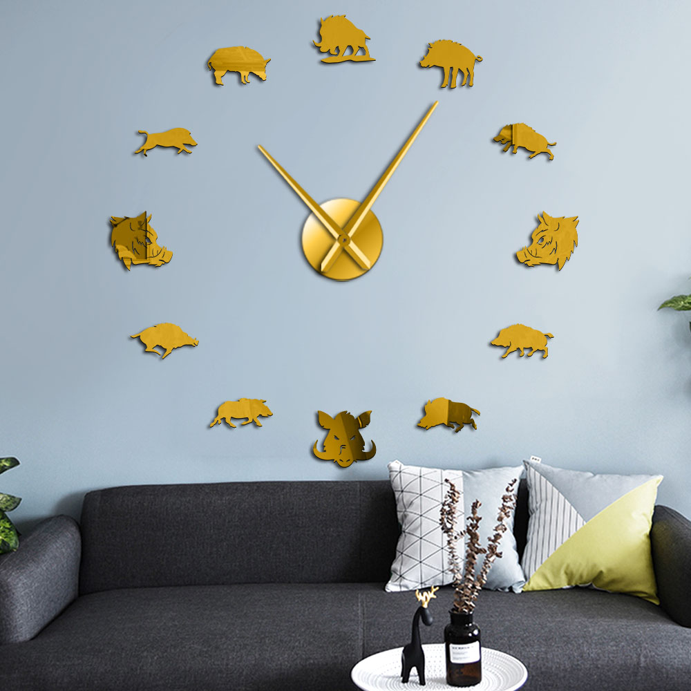 3D Sus Scrofa Wild Boar Figures Wall Art Mirror Stickers DIY Giant Mute Wall Clock Wild Pig Large Hanging Watch Hunter