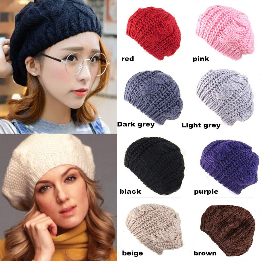 Beret Braided Hats Baggy Beanie Crochet Warm Winter Hat Ski Cap Wool Knitted Caps Women Lady Hats