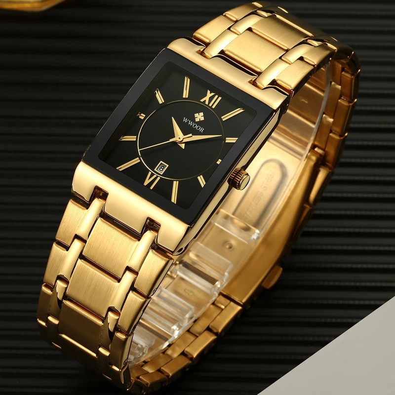 Mannen Horloges Top Luxe Wwoor Goud Zwart Vierkant Quartz Horloge Mannen Waterdichte Gouden Mannelijke Horloge Mannen Horloges