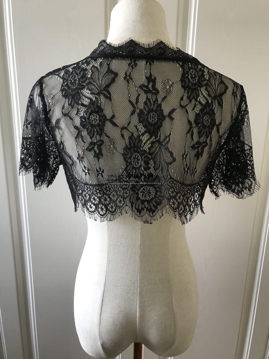Chaqueta de boda de encaje negro para mujer, chaqueta de manga corta para novia, Bolero, escote redondo, para vestido,