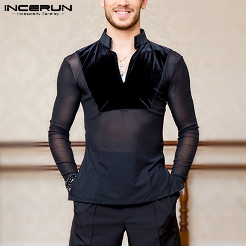 Men Long Sleeve V Neck Solid Camisa INCERUN Patchwork Shirts Men Transparent Party Nightclub Blusa Dance Shirt Plus Size