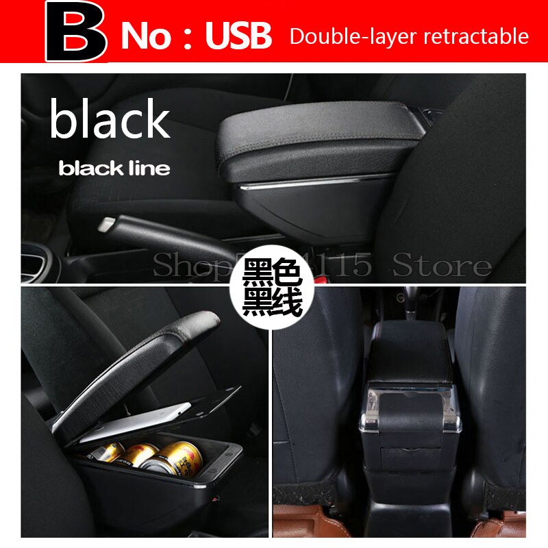 Para peugeot 207 caja de apoyabrazos carga USB aumentar doble capa almacenamiento central contenido taza soporte Cenicero Accesorios: B  Black black line