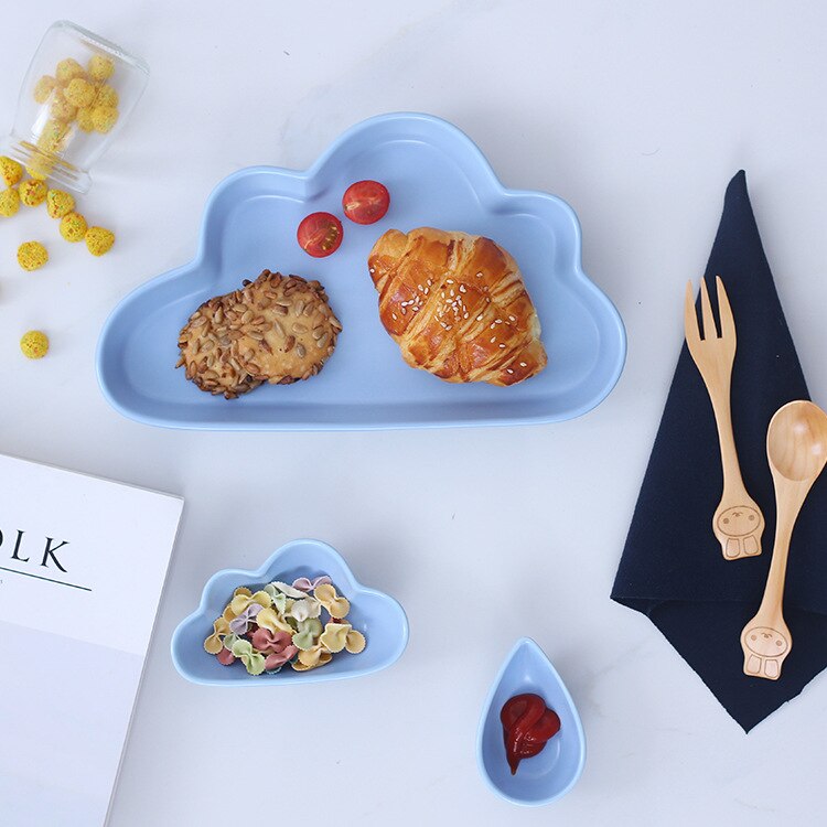 1 Pc Keramiek Cartoon Cloud Matte Scrub Ontbijt Plaat Styling Plaat Brood Schotel Regen Druppels Dim Pittige Schotel Met geschenkdoos: Blue / Raindrop
