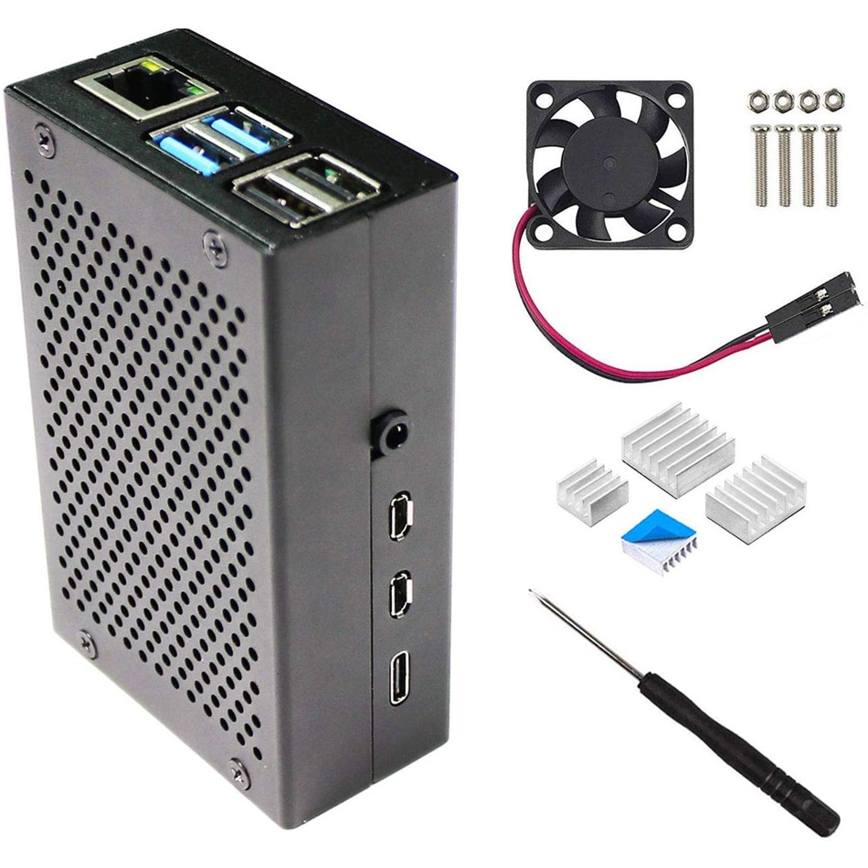 Raspberry Pi 4 Aluminum Case, Pi4 Case with Fan and 4 pcs Heat-Sinks, Raspberry Pi 4B Case with Fan