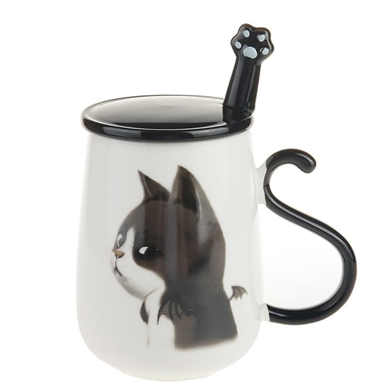 Cute Big 450ML Cat Pattern Ceramic Coffee Mug With Spoon And Cover Healthy Office And Home Use Cat Coffee Mug: Evil Cat