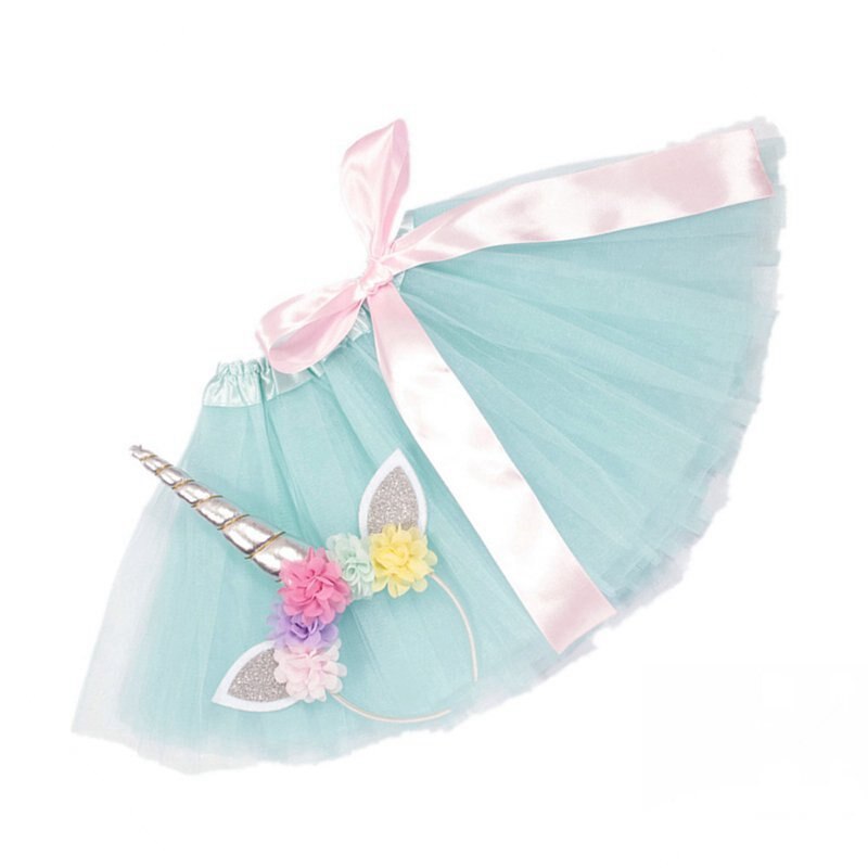 Vogueon criança do bebê tutu saia 9 cores elástico em camadas uma linha meninas arco tutu flor com unicórnio bandana para festa de aniversário: Light Blue Tutu Set