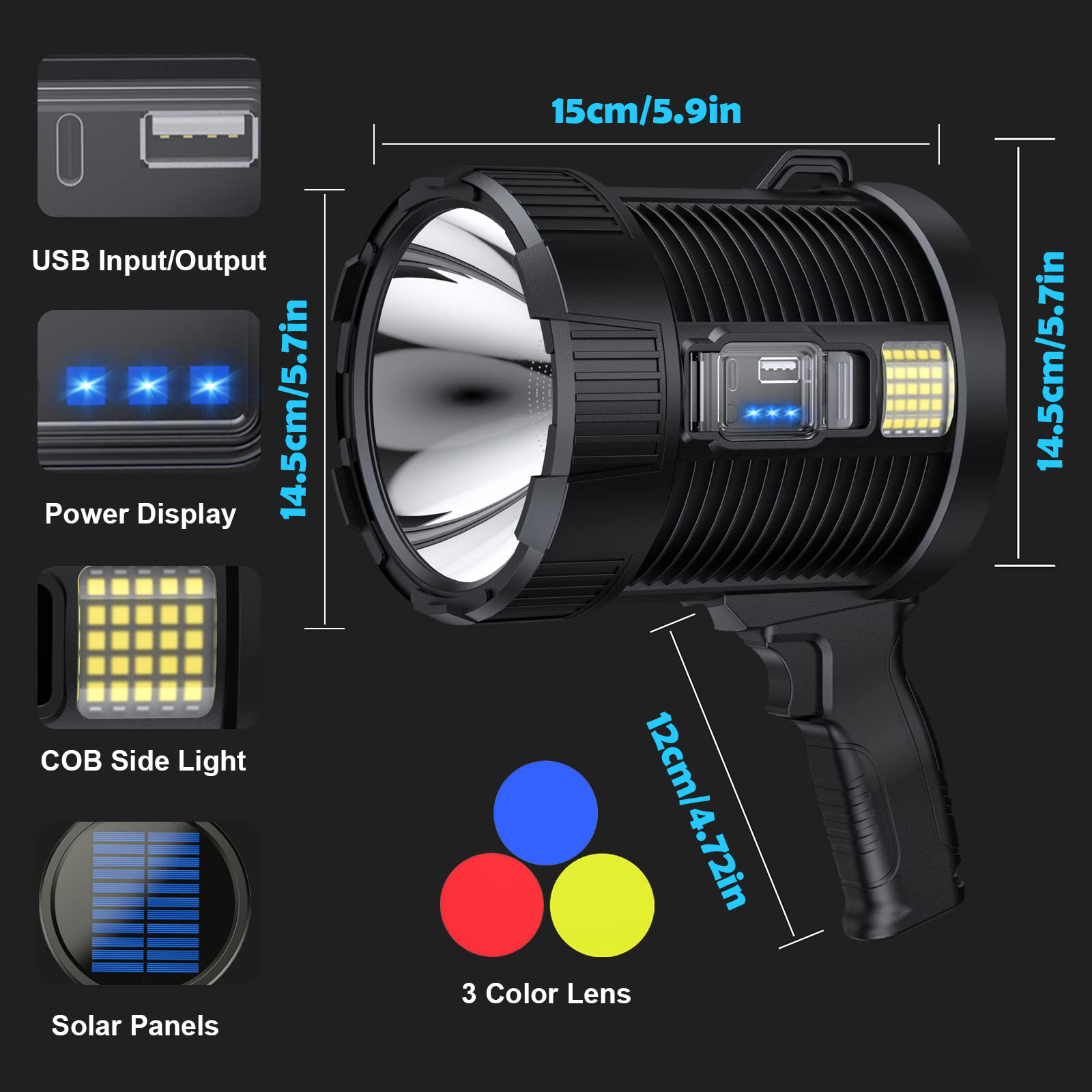 Foco Recargable 900000 Focos Led de lúmenes, linterna grande de mano, focos solares superbrillantes para exteriores, reflector: Verde