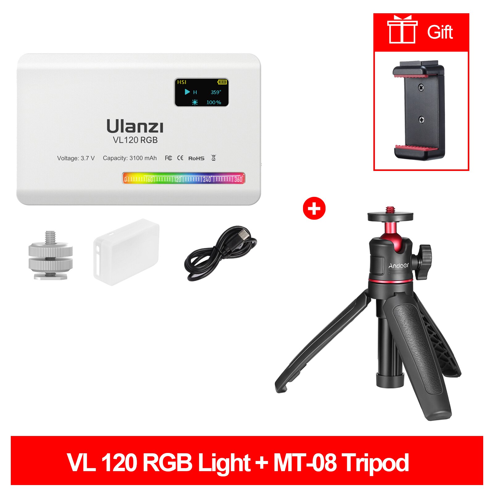 Ulanzi VL120 RGB Compact Video Light with Display Screen Diffuser Mini Camera RGB Light Smartphone Selfie Lighting 3100mAh: With White MT-08