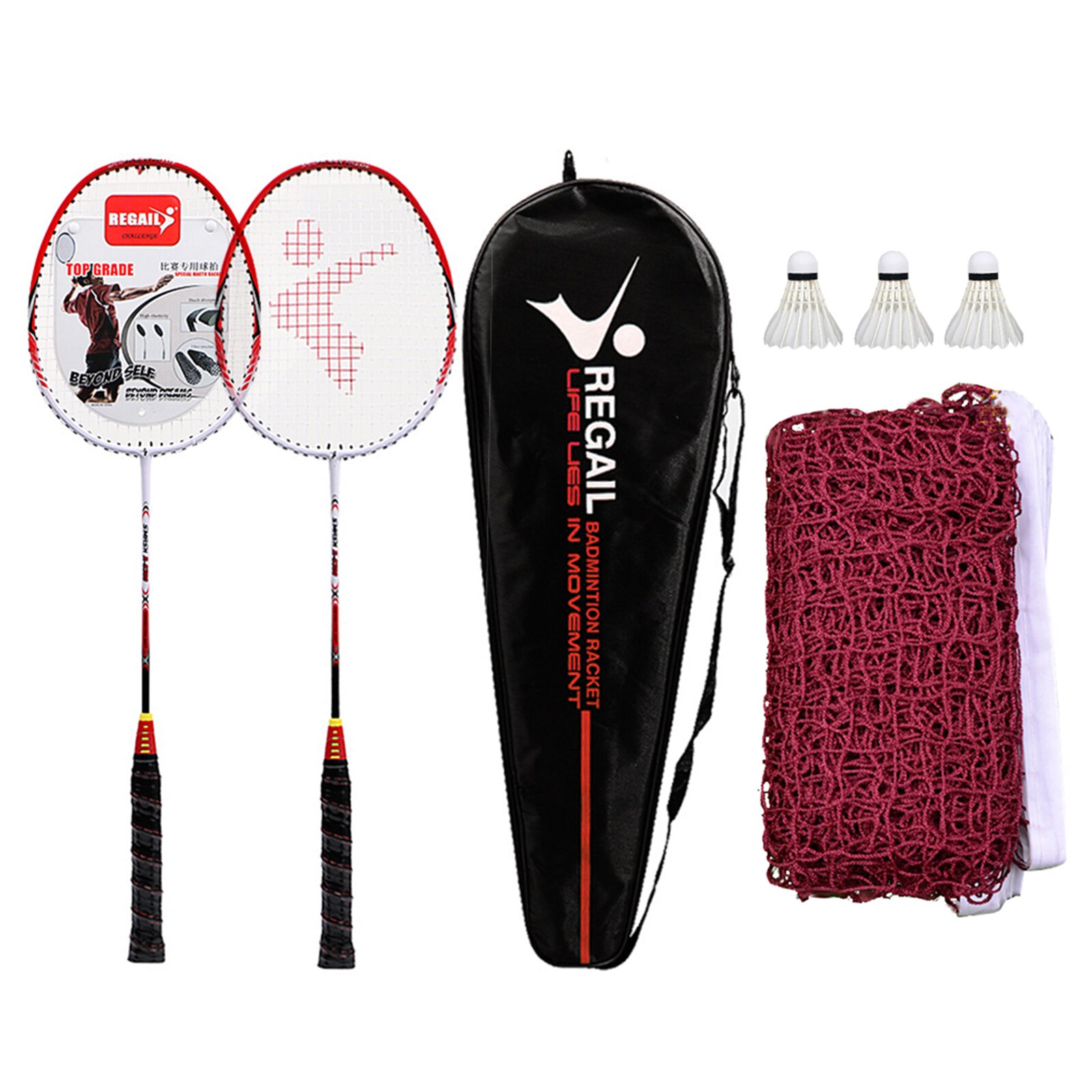 2 Player Badminton Racquets Set with 3 Shuttlecocks Carrying Bag and Badminton Net for Family Recreation Games: Red