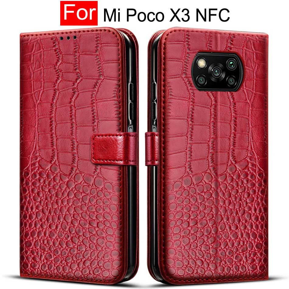 Funda con tapa magnética para Xiaomi MI Poco X3 NFC, tarjetero de cuero de lujo con Soporte para tarjeta de funda de cartera, NFC: For MI Poco X3 NFC / Red