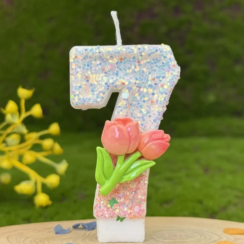 Pink Glitter Tulip Flower Candles for Birthday Party Anniversary Cake Decoration Atmosphere Decoration Photography Props: Fluorescent Green