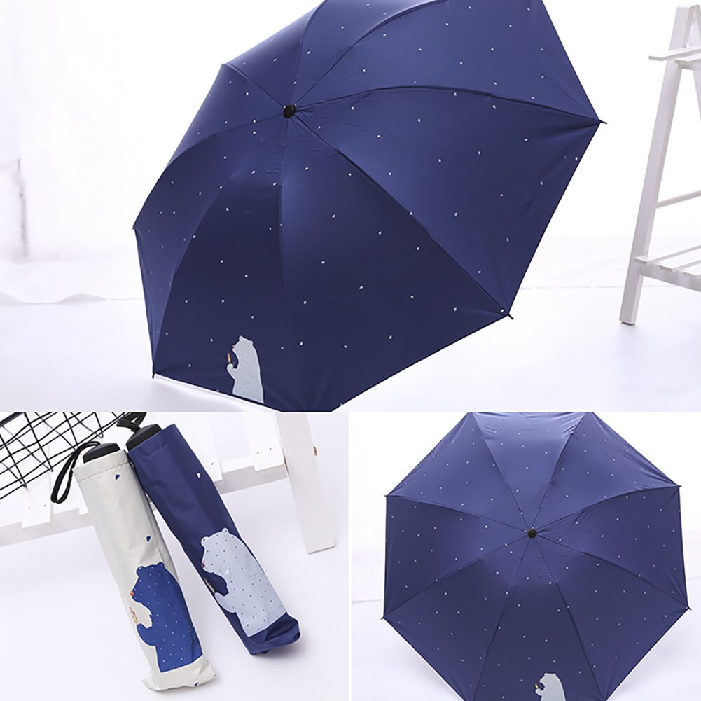 8 skelett halkfritt handtag tecknad björn prickar mönster slitstark gummiduk kvinnor 3 hopfällbara sommar anti-uv sol regn mini paraply
