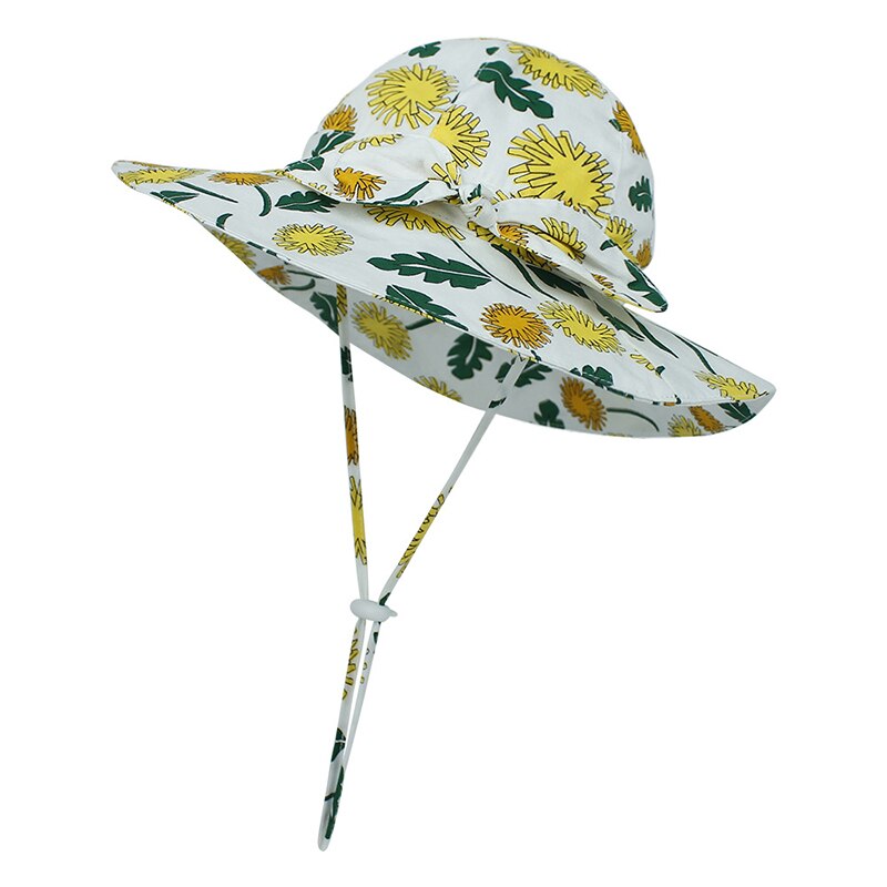 Babymeisjes grote rand bedrukte emmerhoed baby katoenen zomer strik buiten verstelbare koord pet zonnehoed rozet bleekmiddel hoed: Gele bloem / 50cm