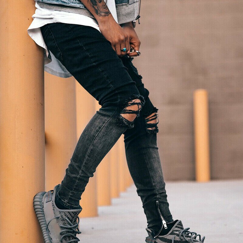 Vicabo herrebukser stretch lange jeans plus størrelse 3xl sorte herre gradient bukser med revet hul herre blå denimbukser