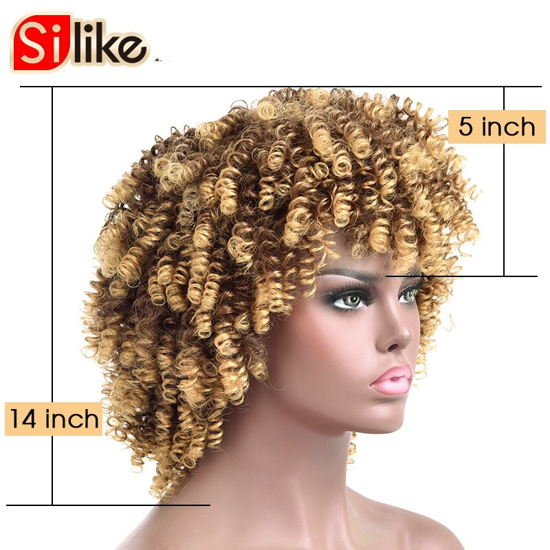 Silike Korte Bouncy Krul Pruik Afro Kinky Krullende Pruik Synthetische Korte Pruik Met Pony Gemengde Bruin Blonde Pruik Voor Zwarte vrouwen