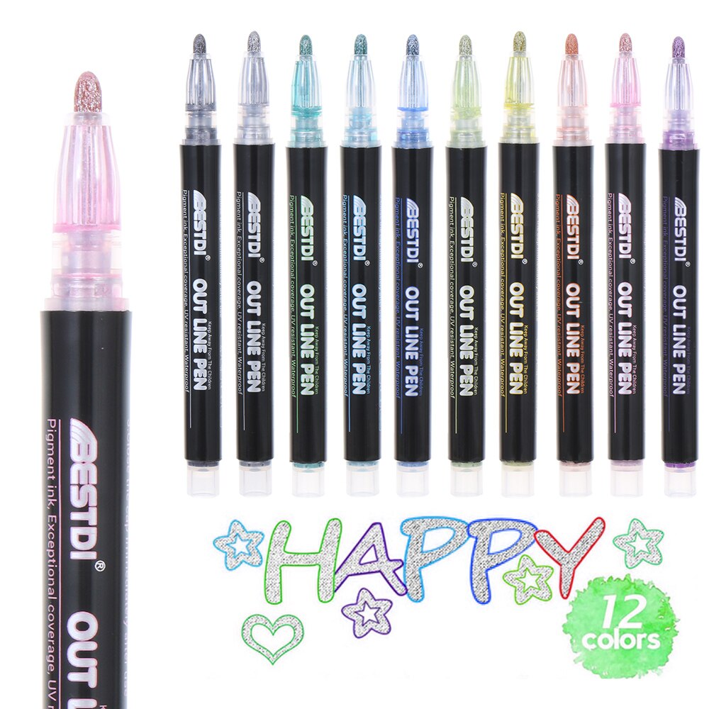 Metallic Double Lines Pen Art Markers Pen Contour Pen Highlighter Pen Stationery for Kids Painting Doodling School Art Supplies