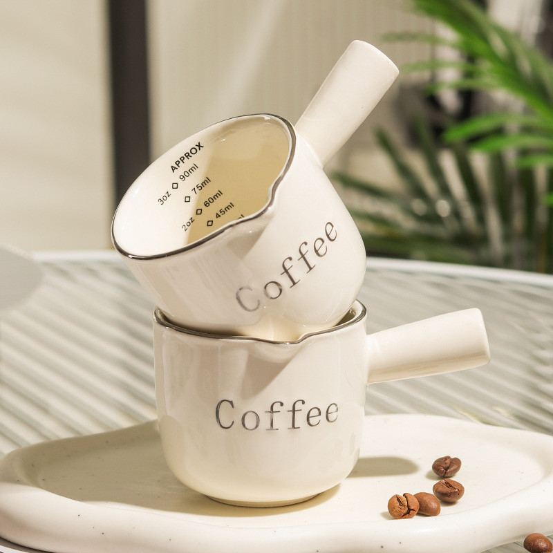 3oz/90ml Espresso Coffee Ceramic Small Milk Cup Wth Scale Coffee Measuring Cup Extraction Cup With V-Shaped Mouth Pitcher: light green