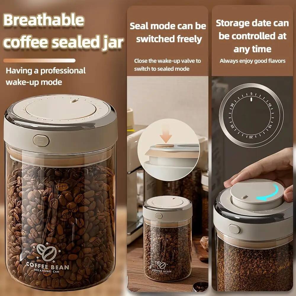 500/1100/1700ml Vacuum Coffee Sealed Jar With Date Tracker And Waking Bean Vae Storage Containers For Grain, Snack, Sugar, Tea