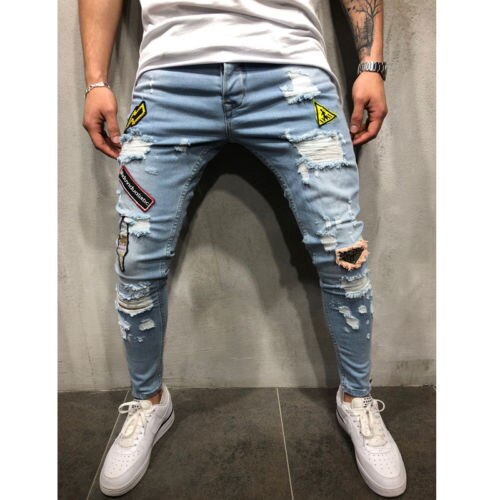 Vaqueros ajustados rasgados para hombre, Vaqueros largos rasgados, deshilachados,