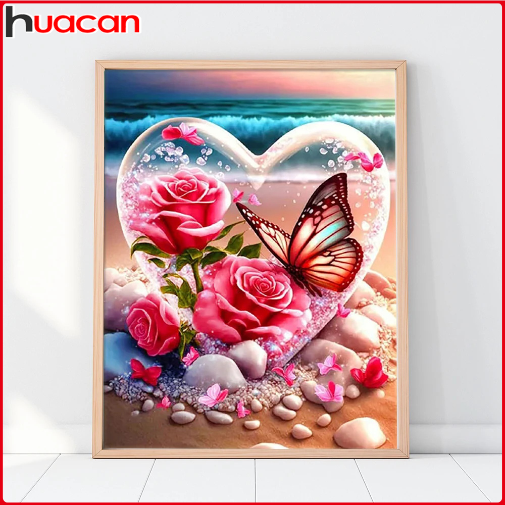 Mosaico de diamantes de mariposa rosa, pintura de diamantes redonda completa, corazón costero, artesanías, 30x40cm