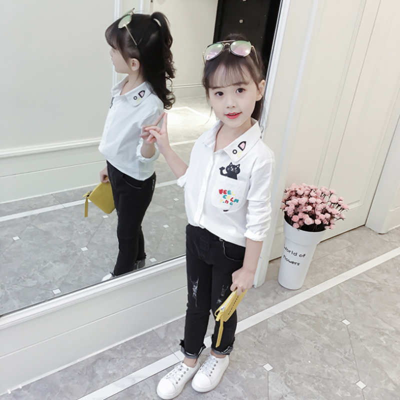Schule Bluse Für Mädchen Herbst Weiß Kinder Blusen Mädchen Tops Cartoon Katze Lange Hülse Drehen-unten Kragen Kinder bluse 4-13Y