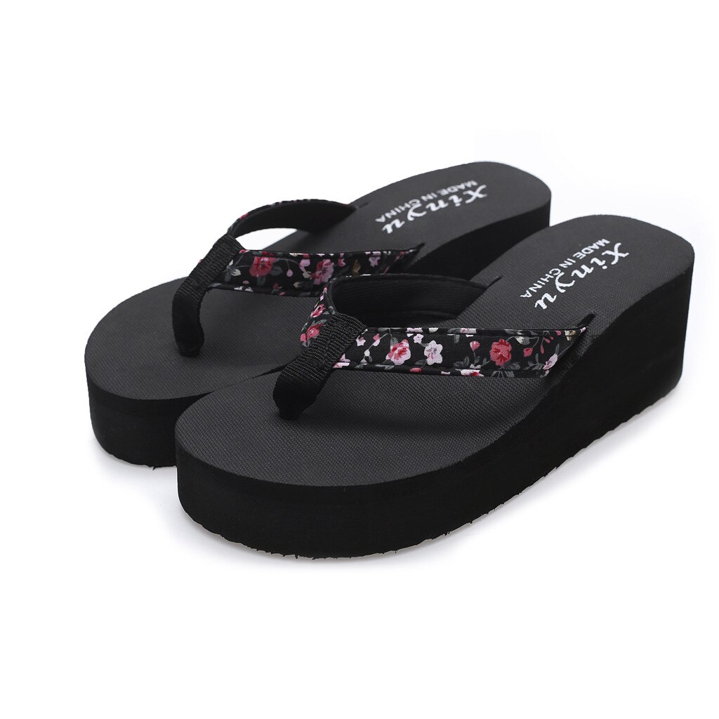 Chaussons pour femmes couleur unie pieds antidérapants tongs talons hauts compensées plage pantoufles décontractées chaussures Femme Calzado Mujer Chinelo: MULTI / 40