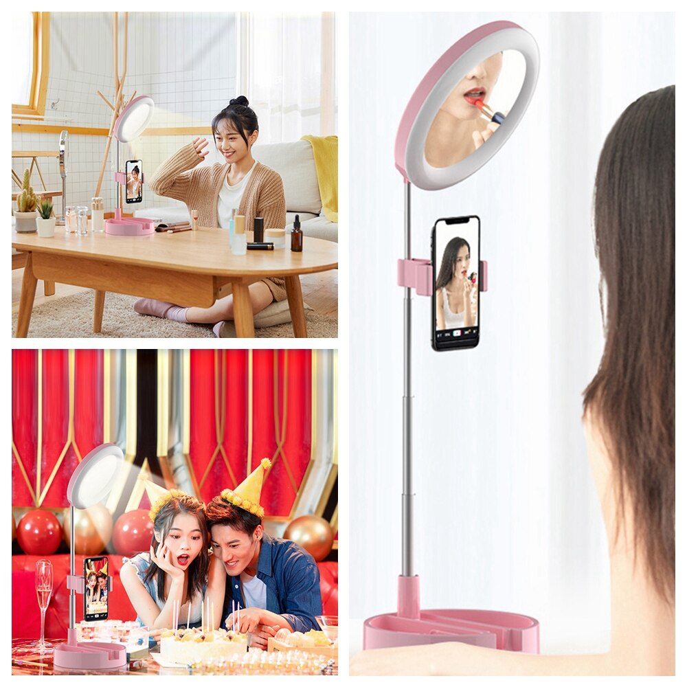Trépied pliable pour téléphone avec miroir LED, support de téléphone pour maquillage en direct