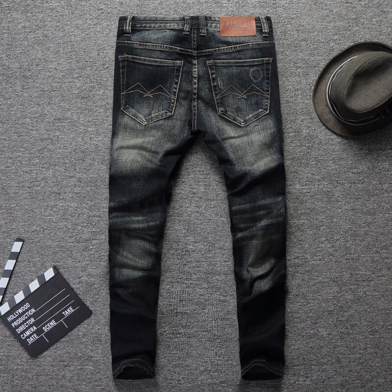 Klassiska jeans män vintage jeansbyxor i bomull slim fit retro tvättade slitna jeans för män byxor
