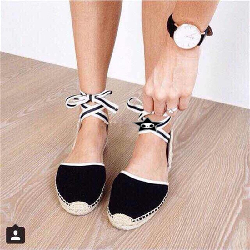 Alpargata de lona MVVJKE para mujer, zapatos planos con correa en el tobillo, parte inferior de cáñamo, zapatos de pescador para Primavera/otoño , mocasines para mujer: Black / 9