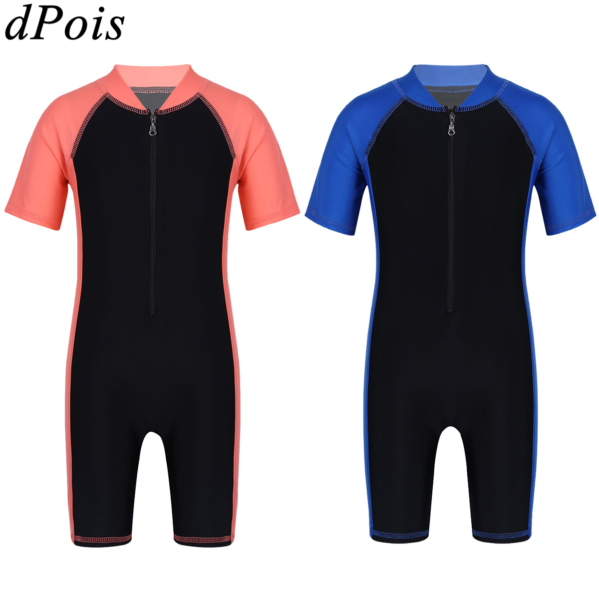 Kids Boys One Piece Swimsuits Short Sleeves Shorty Wetsuit Competitive Swimwear Zippered Rash Guard Bathing Suit Beachwear