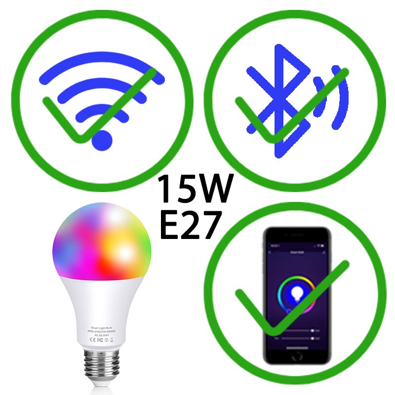 Smart Light Wifi Alexa Led Lamp Werkt Met Alexa E27 B22 App Controle Of Ir Afstandsbediening Rgb Veranderende Multicolor lamp: 15W E27 APP Control