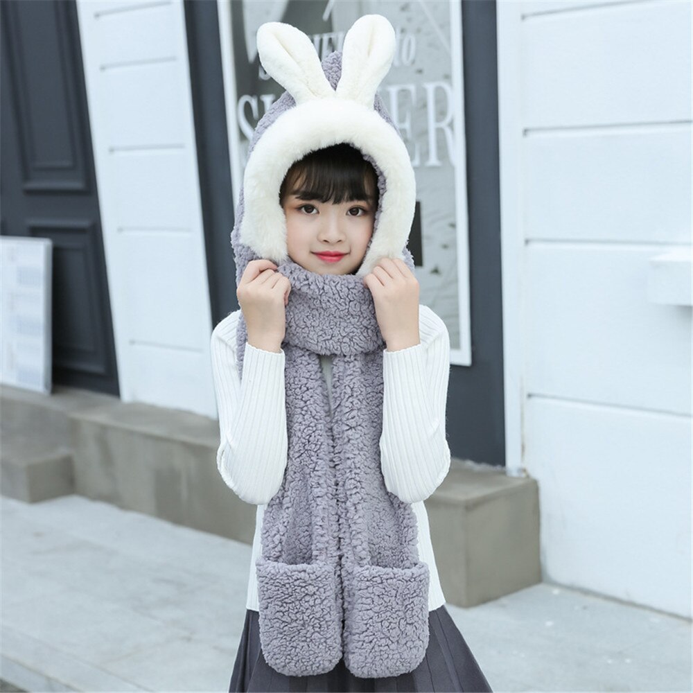 Vinter korean hat handsker tredelt tykkere varm hagesmæk baby plys kanin ører børn tørklæde: 7