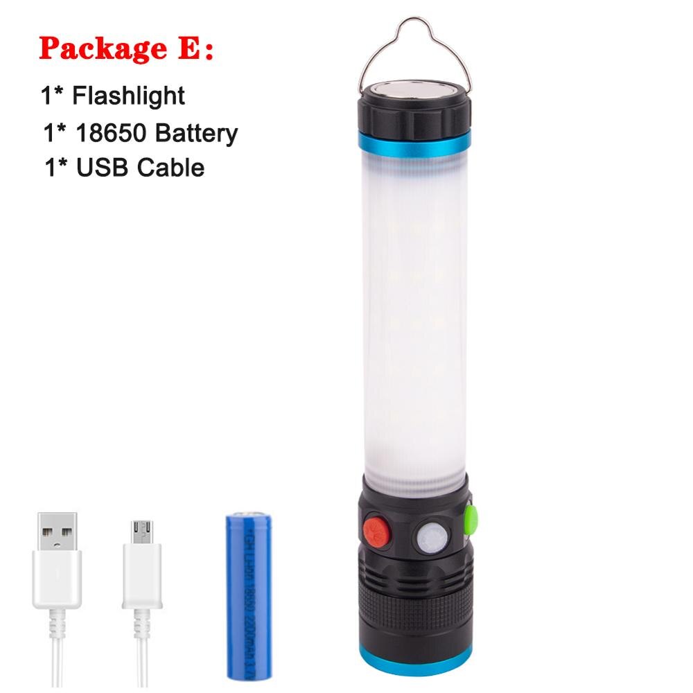 USB Rechargeable T6 LED Flashlight Work Light 8 modes Zoomable Power 18650 Torch With Hook Magnet For Camping Hiking Outdoor: Package E