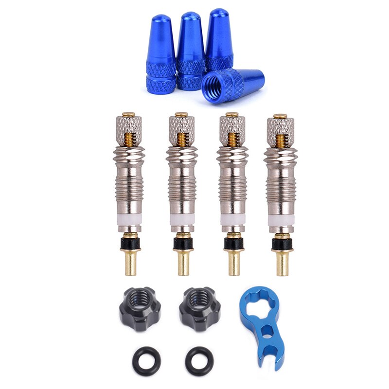 4 stücke Fahrräder Zubehör Presta Ventil Stem Caps + 4 stücke Ventil Kerne + Schlüssel Fahrrad Werkzeug Kit Staub Staub kappen Bike Zubehör: Upgrade set blue