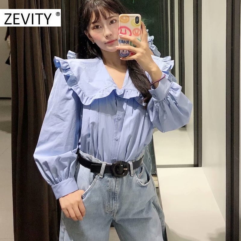 Zevity kvinnor söta veck volanger skruva ner krage smock blus skjortor kvinnor kontor breasted roupas chic chemise toppar  ls7181