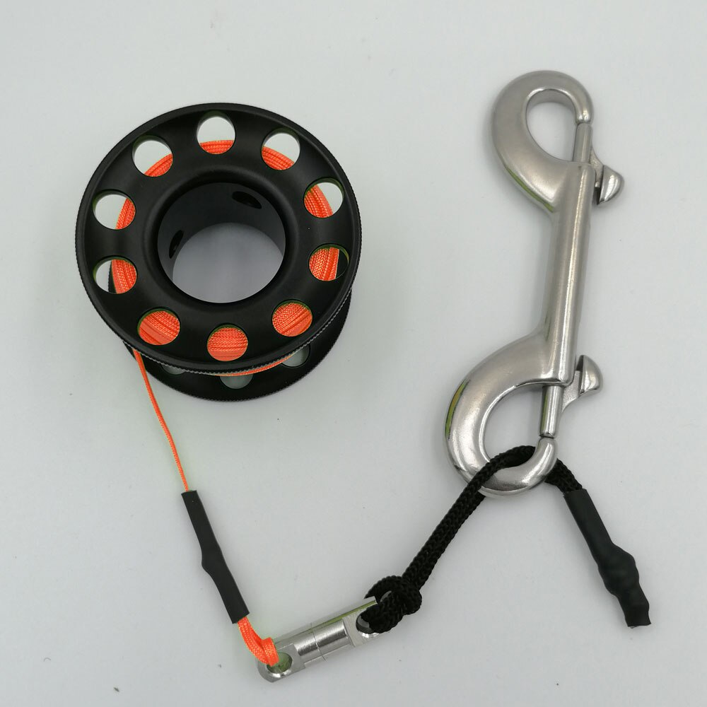 15m 20m Mini Scuba Diving Spool Finger Reel Bolt Snap Hook Aluminum Alloy Free Diving Finger Spool Dive Reel: Black 15M OrangeLine