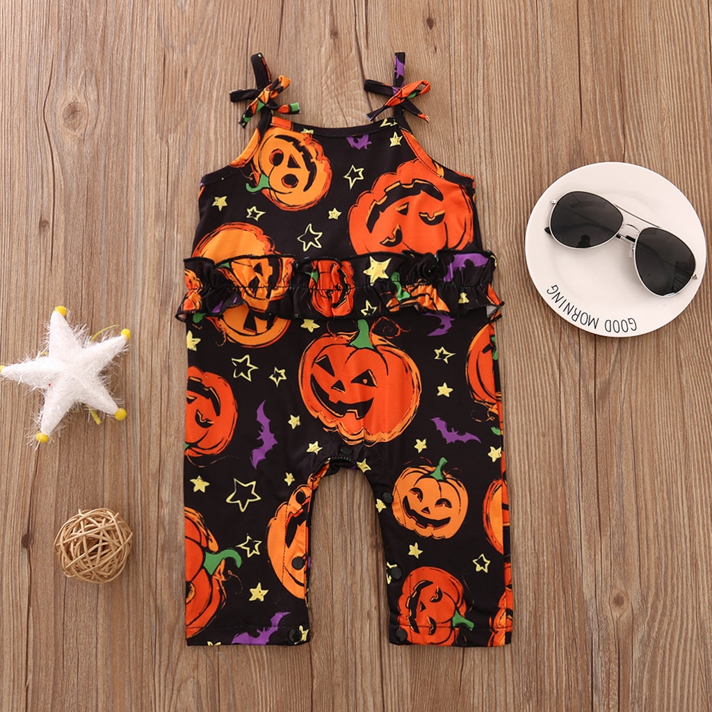 Fokusnorm halloween låve baby jenter takrenne rompers gresskar skrive ut ermeløse kausal jumpsuits 0-24m 4 stil