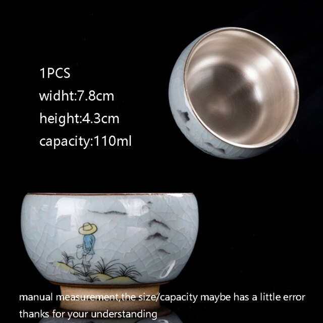 110ml 999 taza de té de plata pura hecha a mano de cerámica pintada a mano maestro pequeño cuenco taza de té de colección: 3 as pic