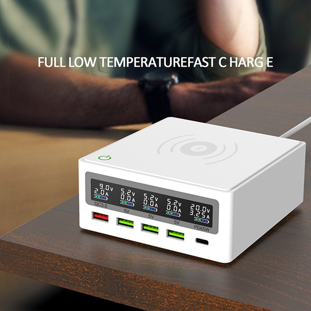 Ilepo 110W 5 Poorten QC3.0 Usb Type C Pd 65W Adapter Lcd Draadloze Oplader Cellphonetfast Lader Station voor Laptop Tafel