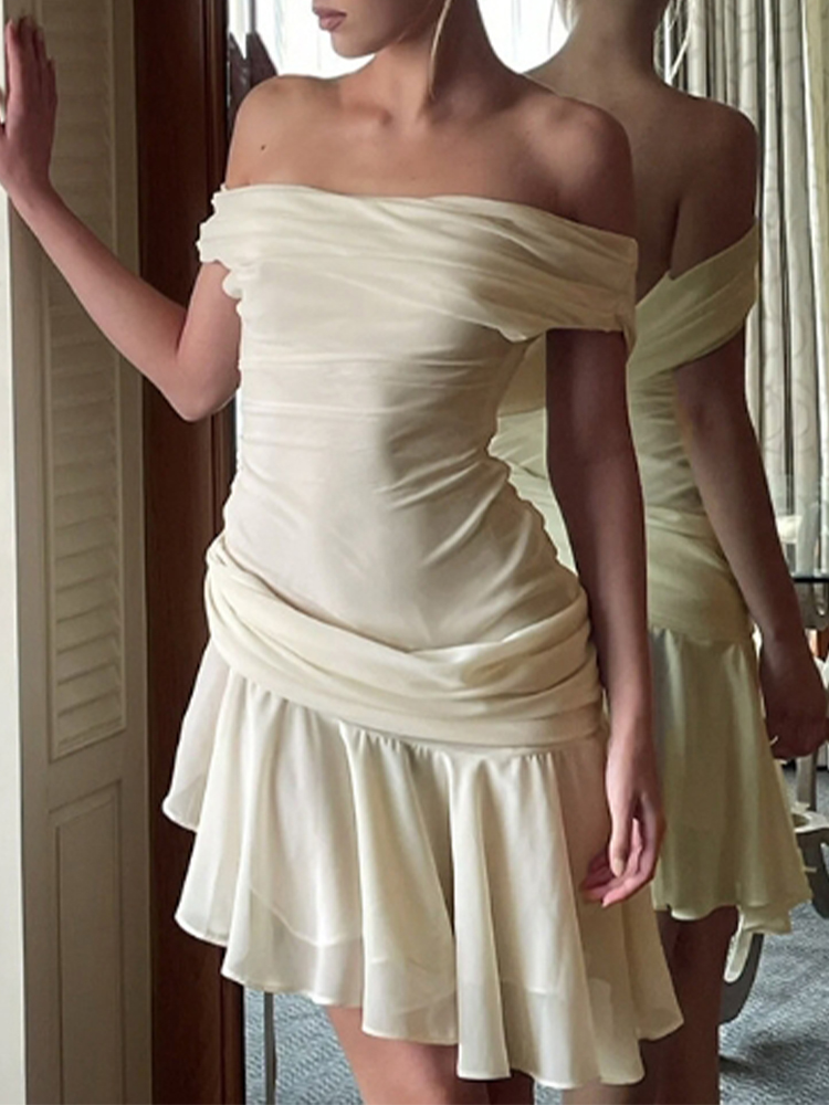 2025, geneigte Schulter Kleid Frau Sommer Sexy Patchwork Rüschen Unregelmäßigen Saum Solide Tiered Kordelzug Dünne Bodycon