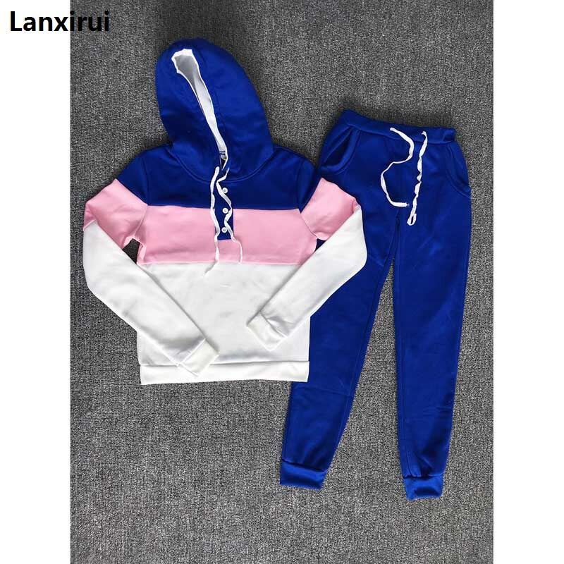 Frauen Zwei Stück Kleidung Set Herbst Trainingsanzug Patchwork Hoodie Sweatshirt Lange Hose Jogger Outfit Set Weibliche Schweiß Anzug