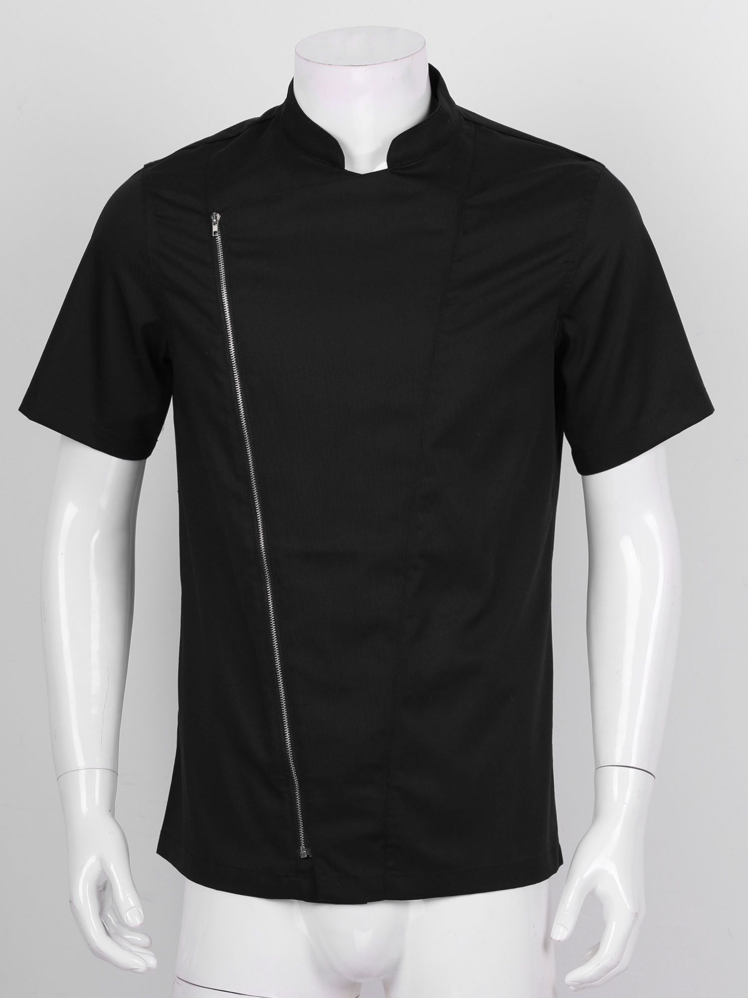 Mens Casual Soft Chef Jackets Short Sleeve Front Zipper Kitchen Catering Restaurant Food Serive Work Uniform Cooking Costumes: Black / M