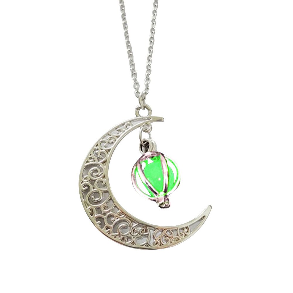 colgante de jaula de Luna hueca para mujer a la , cadena luminosa, collar de joyería: green