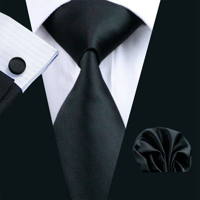 Mens Tie Handkerchief Necktie Cufflinks Set Black Ties for Men Cravat Party Man Wedding Dress Accessories