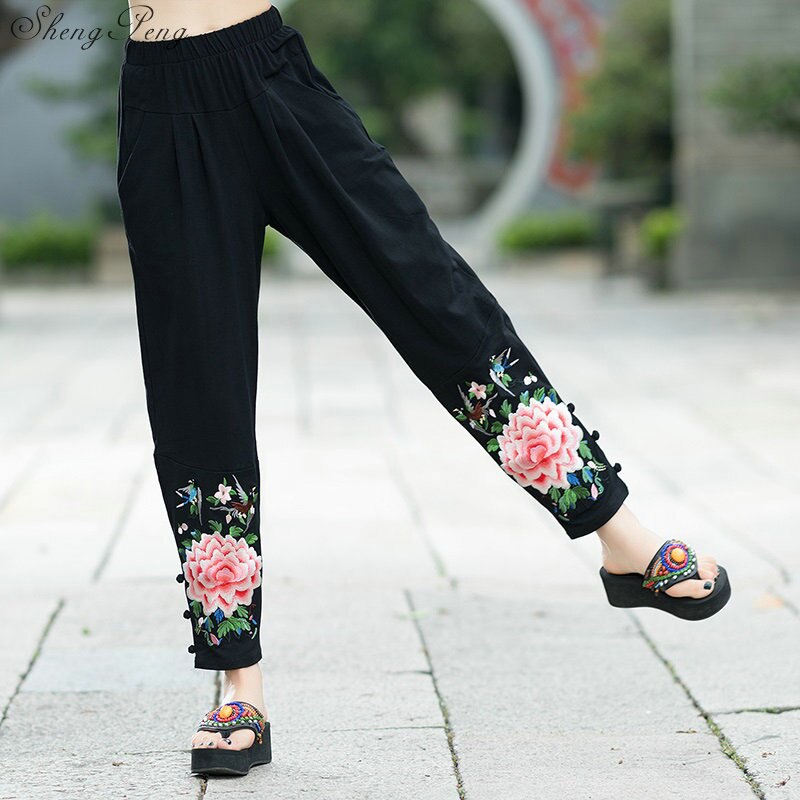 Printemps lâche grande taille brodé loisirs pantalon femme large jambe femmes pantalon décontracté chinois Harlan pantalon V1357