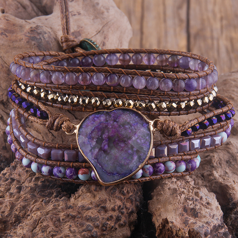 RH Handma-pulsera Bohemia con piedras naturales mezcladas, colgante de corazón, 5 pulseras de tiras, para mujer: purple 1