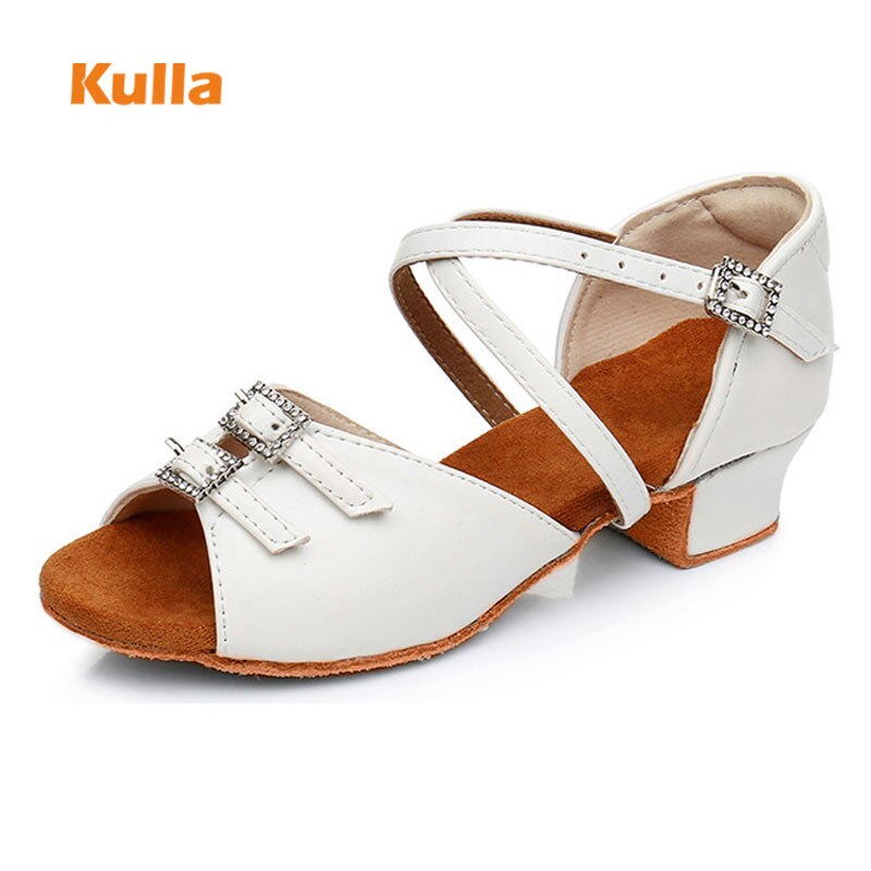 Girls Latin Dance Shoes Children Salsa Tango Dancing Low Heel White PU Rhinestone Soft Sole Party Training Kids Ballroom Shoes