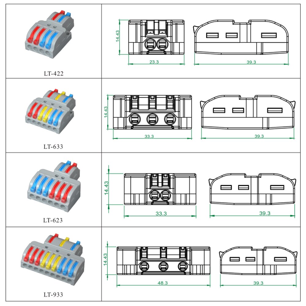 Wire Connector 2 In 4/6 Out Wire Splitter Terminal LT-422 633 623 933 Compact Wiring Cable Connector Push-in Conductor